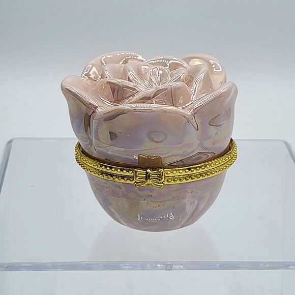 MARY KAY Ceramic Iridescent Pearl Pink Flower/Rose Hinged Trinket Box message - Picture 1 of 6